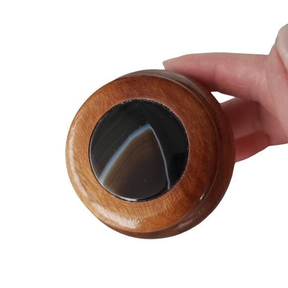 Brazilian Wooden Mini Trinket Ring Box With Lid Handcrafted Cedar & Agate - Picture 5 of 10